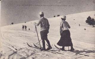 Aix Les Bains Ski Skiing winter antique couple postcard  