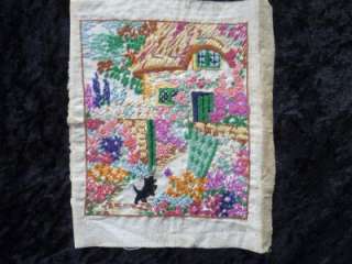 Charming Hand Emb Thatched Cottage,Cat chasing Butterfly,Hollyhocks 