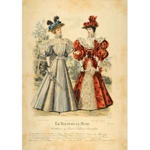 1895 Victorian Lady Women Parasol Dress Hats Lithograph 