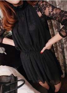   Vintage Style Chiffon & Lace Long Sleeved Black Mini Dress  