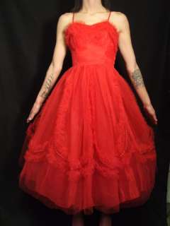   Red Tulle Sweetheart Party Prom Dress Vintage 50s S Xs 25  