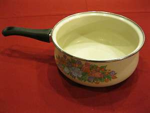 Vintage enamel sauce pan cookware pot Enamelware flowers  