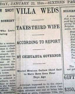 PANCHO VILLA Gets Married Third Wife Mexican Revolution 1916 Newspaper 
