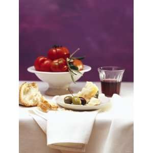  Still Life White Bread, Parmesan, Olives, Red Wine 