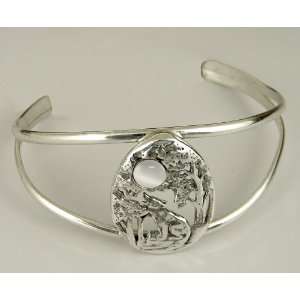 Sterling Silver Howling Wolf Cuff Bracelet Accented with Genuine White 