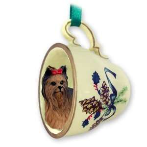  Yorkshire Terrier Green Holiday Tea Cup Dog Ornament