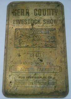 Livestock Award Dairy Cow KIDD FARMS 1940 Brass Plate  