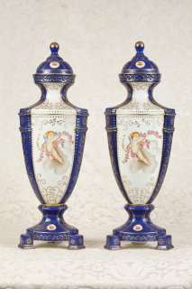 Pair Meissen German Porcelain Cherub Vases Urns  