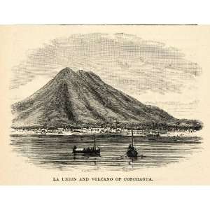 1888 Wood Engraving La Union Volcano Conchagua Landscape Ocean Boats 