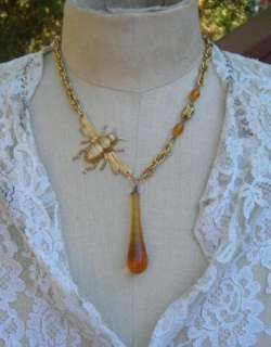   Artisan Chandelier Honey Bee Amber Glass Necklace Bumblebee Upcycled