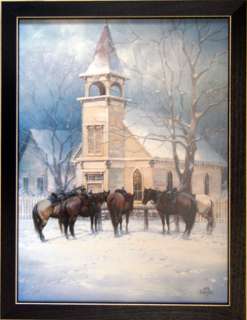 Horses At Chapel Jack Sorenson Snow Scene Print Framed  