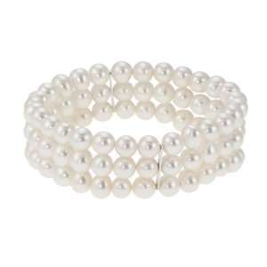 Sterling Silver 7.5 7 8mm Three Row White Freshwater Cultured Pearl 