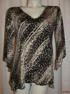   BRITTANY BLACK Beige Black V neck Gemmed 3/4 Sleeve Uneven Hem Top M