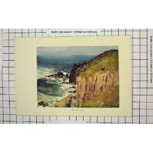    Antique Colour Print LandS End Cliffs Sea England