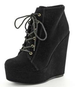 Faux Suede Black Round Toe Lace Up Wedge Heels Platform Ankle Boots 