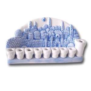 Porcelain Hanukkah Menorah, White With Blue Jerusalem Skyline Design 