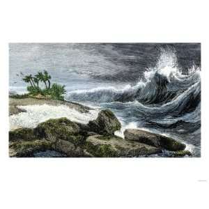 Tsunami Breaking on the Shore of Hawaii, 1800s Premium Poster Print 