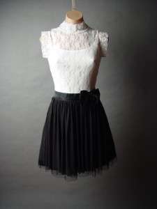 Elegant Vtg y Wht High Neck Lace Romantic Satin Bow Blk Full Skirt fp 