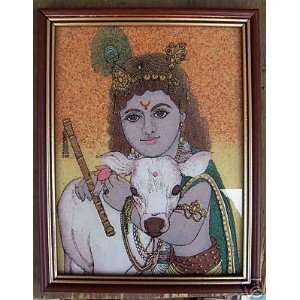 Krishna, Cow & his Flute, Gem Stone Art Painting, Religious Craft