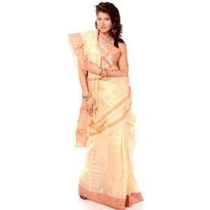  Cream Sari from Kolkata with Hand woven Bootis   Cotton 