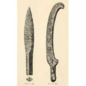  1882 Woodcut Old Denmark Knife Curved Sickle Stone Age Tools 
