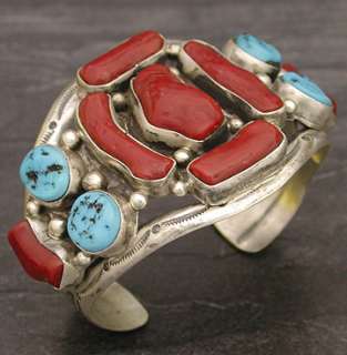 Raymond Delgarito Silver Turquoise Coral Cuff Bracelet  