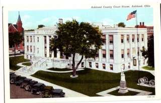 Old ASHLAND Ohio Postcard COUNTY COURT HOUSE Cars Monum  
