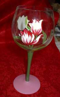 Handpainted Tulips Long Stem Wine Glass New / Tag  
