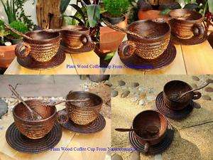 Set 2 Handmade Thai Art Wooden/Wood Coffee Tea Cup Gift  
