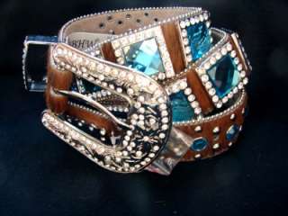 Western RHINESTONE Leather COWGIRL BLUE Prism Cut Crystal SHOW Belt M 