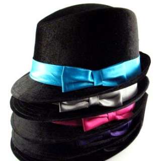 NEW VELOUR FEDORA TRILBY GANGSTER MOBSTER HAT CAP WITH SATIN BOW.