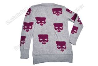 New Women Long V Neck Skull Trendy Knit Sweater Cardigan 2 Colors 