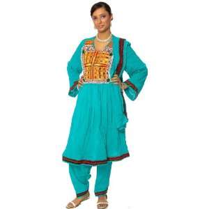 Turquoise Blue Embroidered Tunic Suit from Afghanistan with Mirrors 
