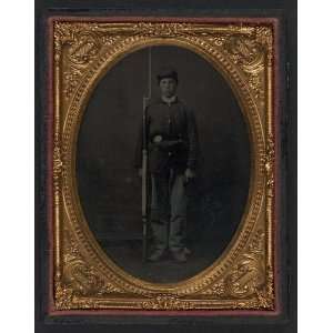   young soldier in Union sack coat with bayoneted musket