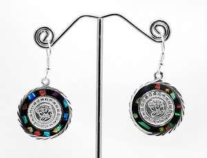 Silver Sparkle Cut Opal Aztec Mayan Calendar Drop Earrings Taxco 
