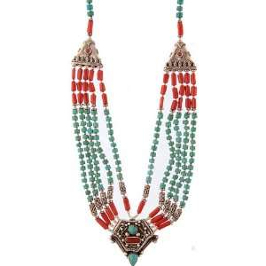 Coral and Turquoise Beaded Fine Necklace from Nepal   Sterling Silver