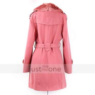 Women Double Breasted Removable Faux Fox Fur Collar Slim Winter Coat 