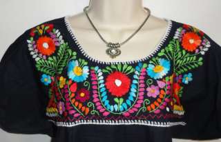 BLACK PEASANT PUEBLA HAND EMBROIDERED MEXICAN BLOUSE TOP VINTAGE STYLE