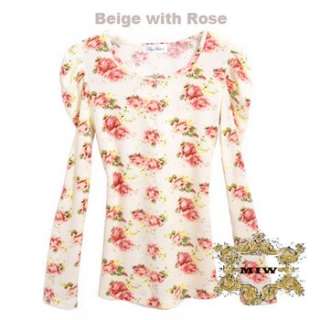 New Women Fashion Beige & Roses Prints Fleece Puff Sleeves Top *FOR 