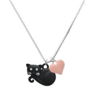  Curled Up Matte Black Cat and Pink Heart Charm Necklace 