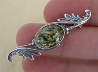 BALTIC HONEY or GREEN AMBER & STERLING SILVER LEAF BROOCH PIN  