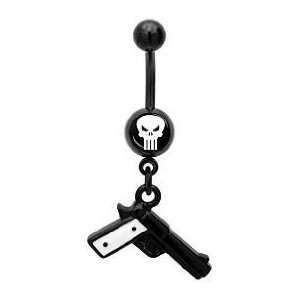 Punisher Logo w/ Dangling Gun Charm Belly Button Navel Piercing Ring 