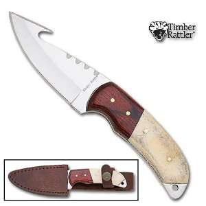 Timber Rattler Wood & Bone Handle Gut Hook Knife w/ Leather Sheath