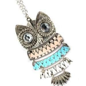  OWL JEWELRY   Big Silver Tone Crystal Eye Owl Necklace 