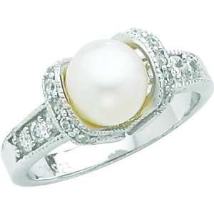  Sterling Silver White Imitation Pearl & CZ Ring Sz 7 