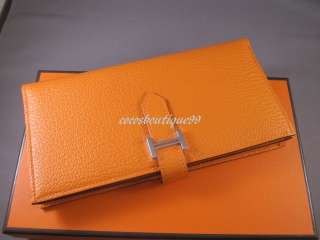 Auth HERMES Orange Goatskin Bearn Wallet Silver H/W NEW  