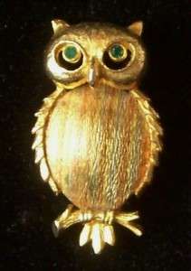   JJ Jonette Owl Pin Brooch Gold Silver Copper / Green RS Eyes  