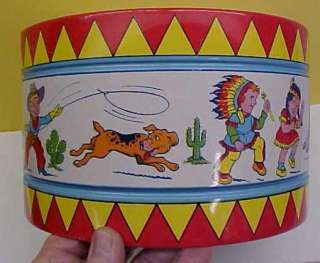 Vintage CHEIN Tin Litho Large DRUM Toy Cowboy & Indian Dog Cactus 