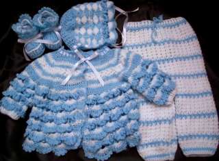   DOLL CLOTHES OUTFIT SWEATER SET PANTS HAT BOOTIES BLUE WHITE  