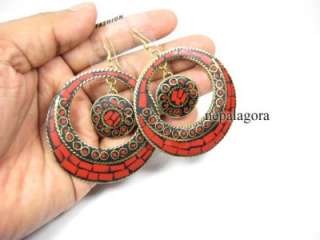   Brass tone Red bone Mosaic belly dance earrings Indian Jewelry  